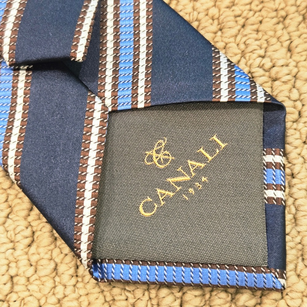 Canali 1934 Silk Tie Mens Navy Blue Striped Made in Italy Luxury Business Formal - Picture 3 of 7